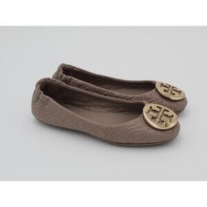 Tory Burch Ballet Flat Womens 5 Gray Quilted Leather Gold Logo Slip On Comfort